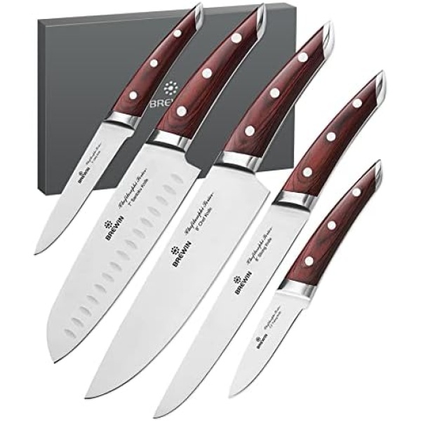 Brewin CHEFILOSOPHI Japanese Chef Knife Set 5 PCS with Elegant Red Pakkawood