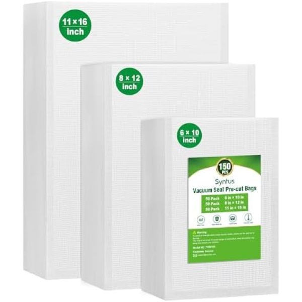 Syntus Vacuum Sealer Bags, 150 Gallon 11" x 16" and Quart 8" x 12" and Pint 6"