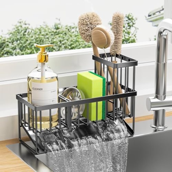 Cisily Kitchen Sink Caddy Organzier with High Brush Holder, Sponge Holder