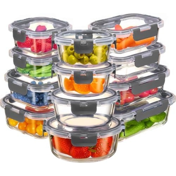 FineDine 24 Piece Glass Storage Containers with Lids - Airtight, Leak Proof