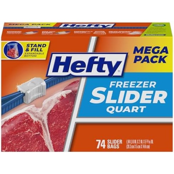 Hefty Slider Freezer Kitchen Storage Bags, Quart Size, 74 Count