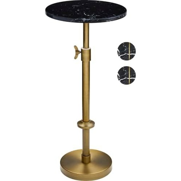 Adjustable-Height Marble Drink Table - 10x10x22-30, Black Marble & Antique
