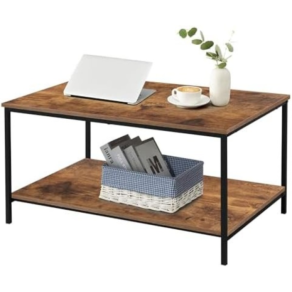 SENIG Small Brown Rectangle Wood and Metal Coffee Table with Storage Shelf