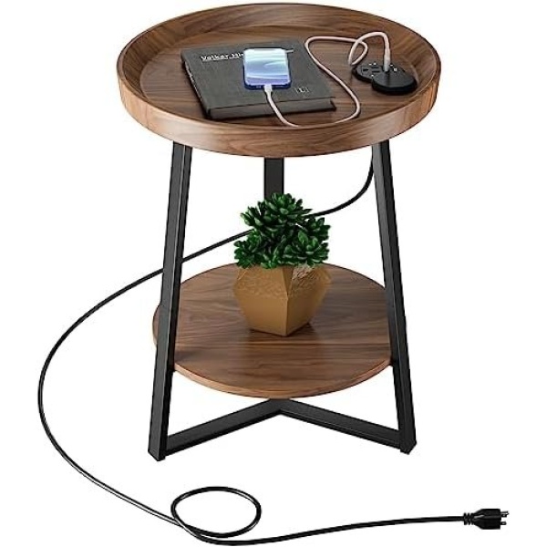 Gadroad Round End Table with Charging Station, USB Ports, Wood Tabletop & Black