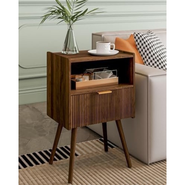 Nightstand,Modern Bedside Table with Storage Drawer and Open Wood Shelf, Accent