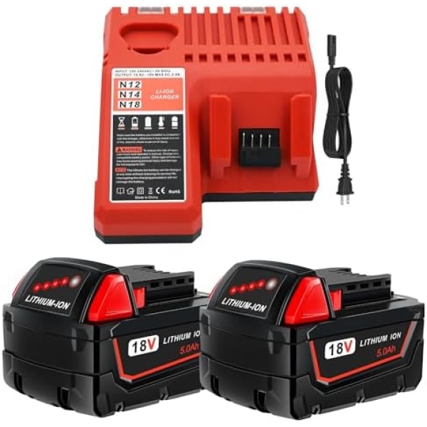 2 Pack 5.0Ah 18V Batteries and Charger Replace for Milwaukee M18 Battery