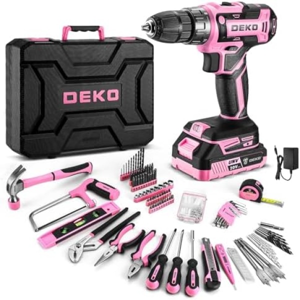 DEKOPRO Pink Drill Tool Kit Set: 20V Cordless Power Drill Tool Box with Battery