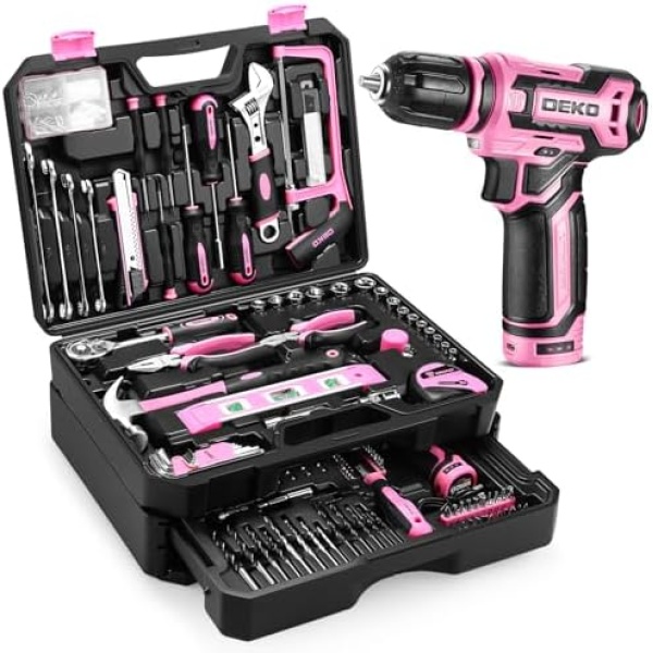 Pink Tool Kit Box Drill Set：DEKOPRO Home Mechanic Toolbox with 12V Power