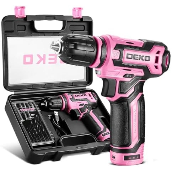 Cordless Drill：DEKOPRO 12V Power Drill Set with Pink 800RPM Electric Drills